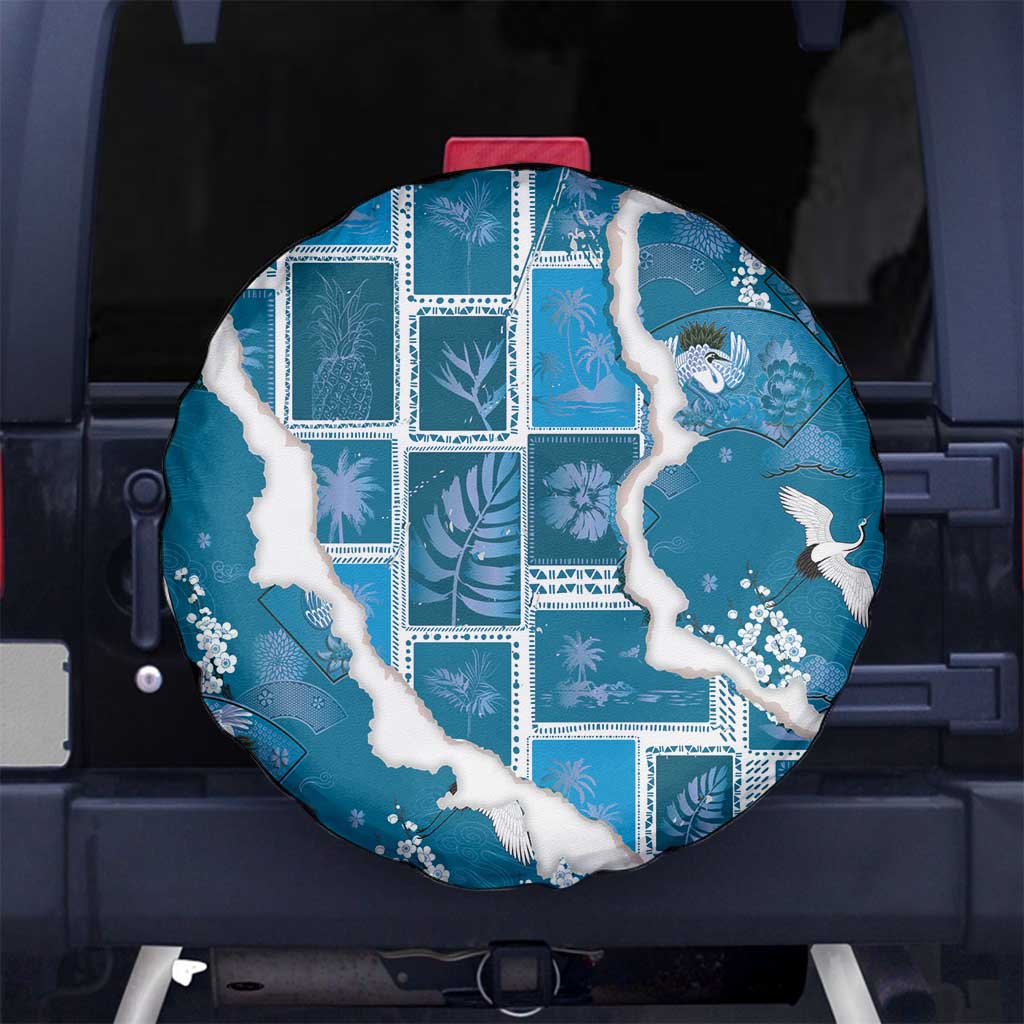 Hawaii Japanese Culture Blue Spare Tire Cover Spring Cranes Aloha Pattern