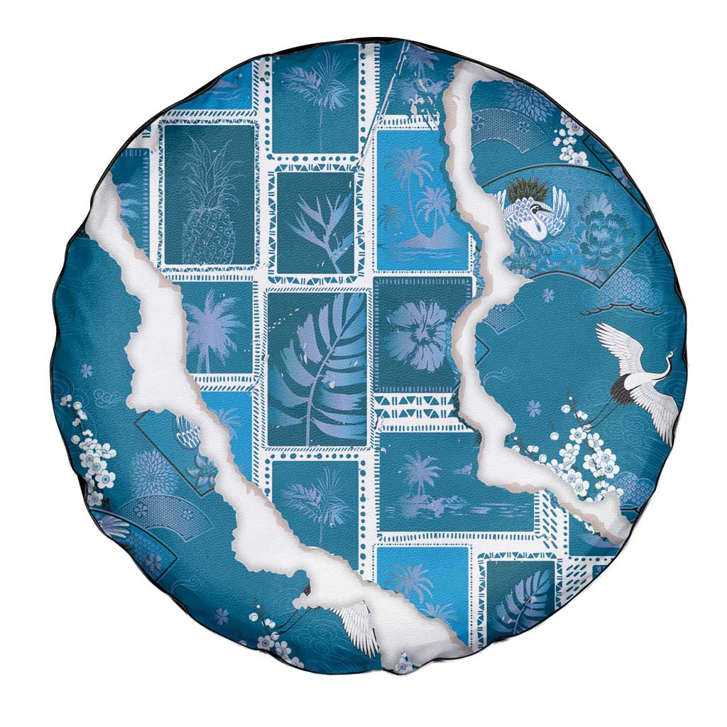 Hawaii Japanese Culture Blue Spare Tire Cover Spring Cranes Aloha Pattern
