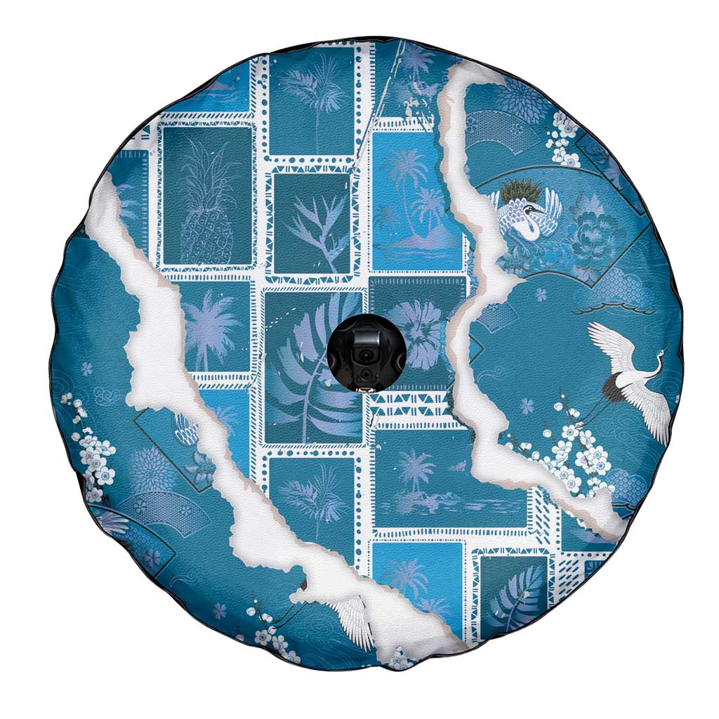 Hawaii Japanese Culture Blue Spare Tire Cover Spring Cranes Aloha Pattern