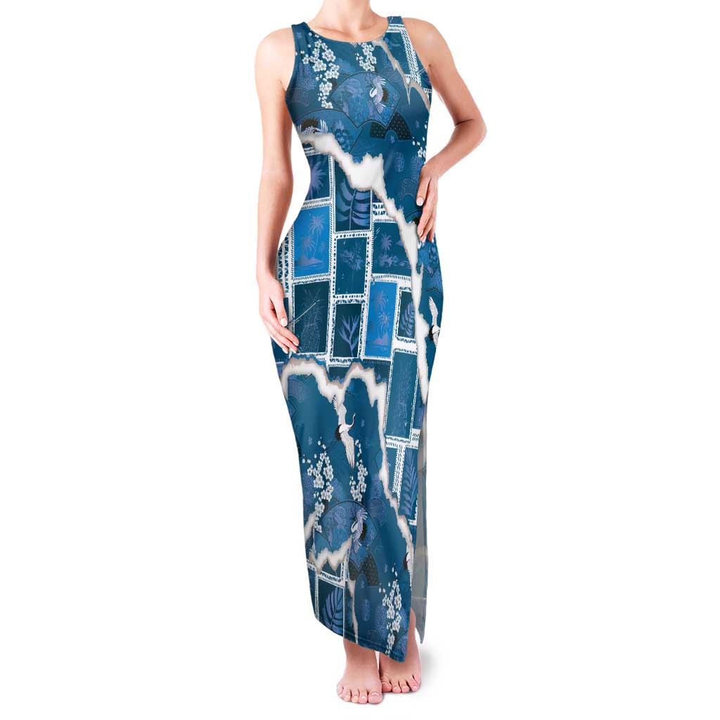 Hawaii Japanese Culture Blue Tank Maxi Dress Spring Cranes Aloha Pattern