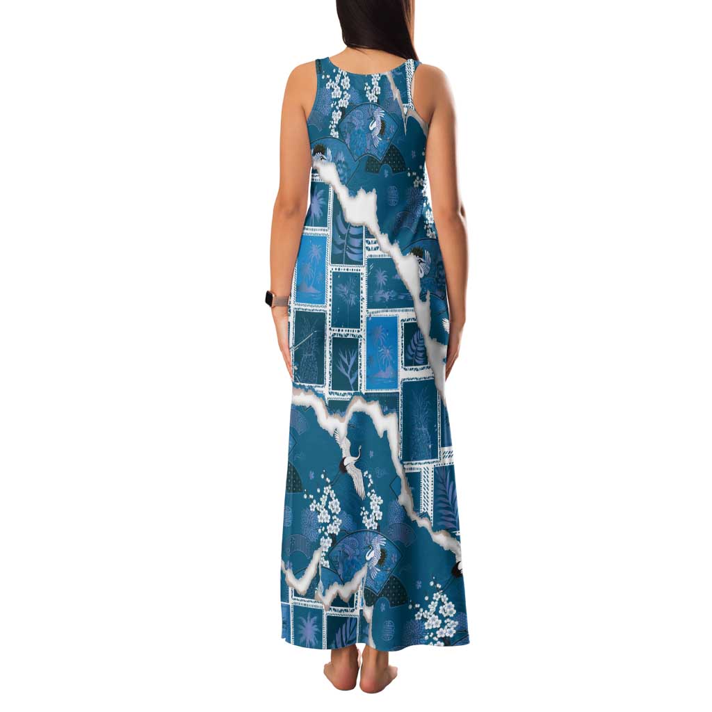 Hawaii Japanese Culture Blue Tank Maxi Dress Spring Cranes Aloha Pattern