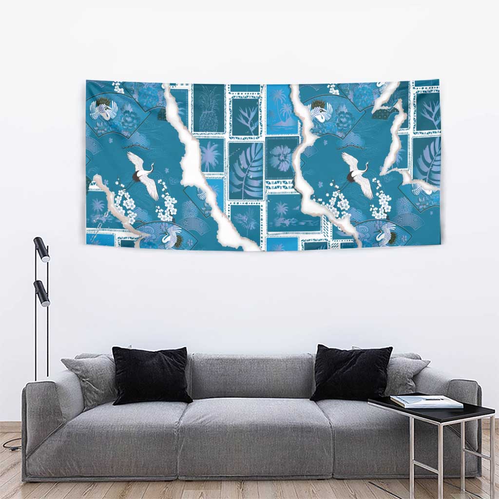 Hawaii Japanese Culture Blue Tapestry Spring Cranes Aloha Pattern