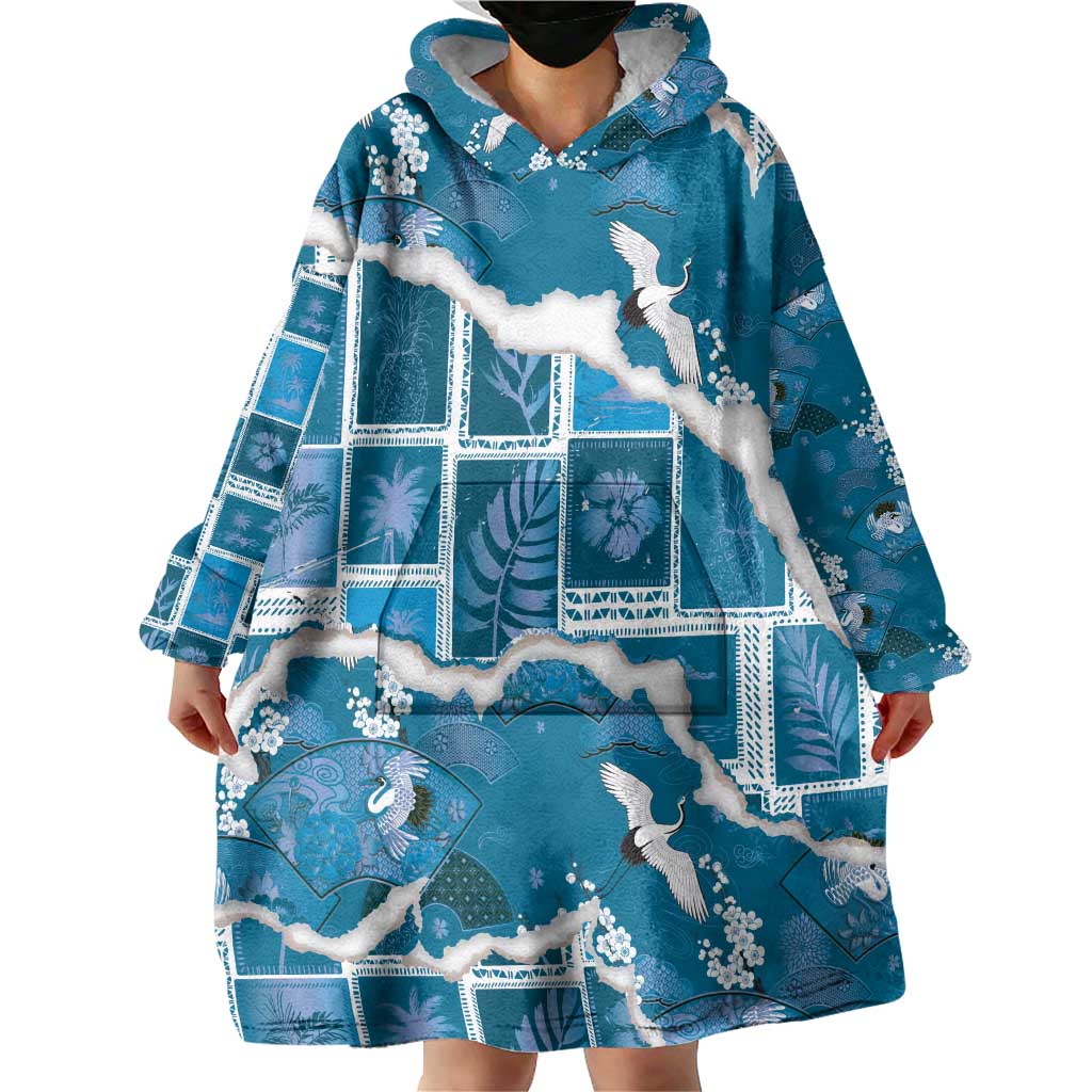 Hawaii Japanese Culture Blue Wearable Blanket Hoodie Spring Cranes Aloha Pattern LT01 - Polynesian Pride