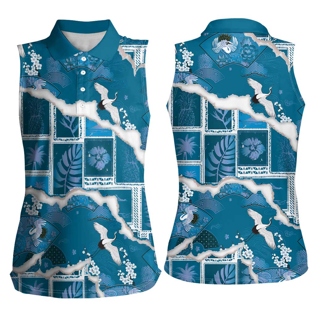 Hawaii Japanese Culture Blue Women Sleeveless Polo Shirt Spring Cranes Aloha Pattern