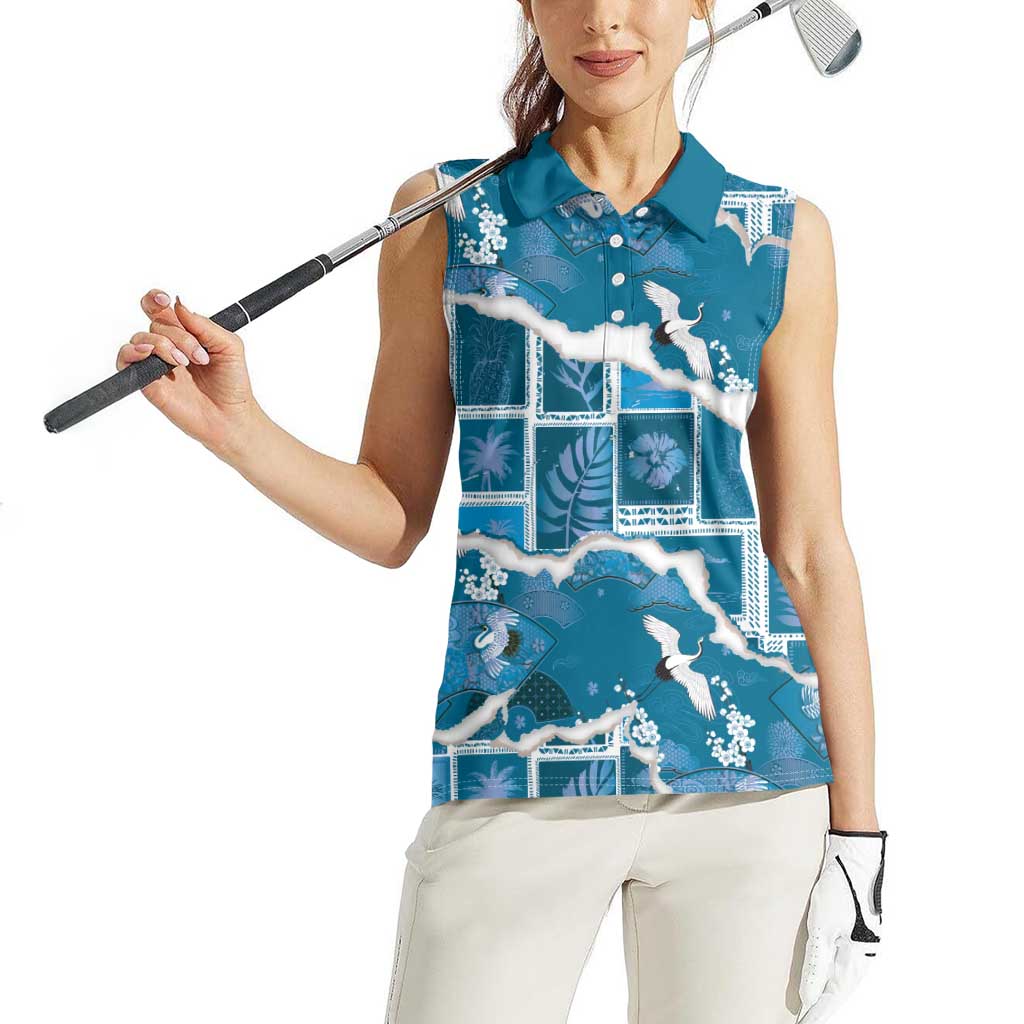 Hawaii Japanese Culture Blue Women Sleeveless Polo Shirt Spring Cranes Aloha Pattern