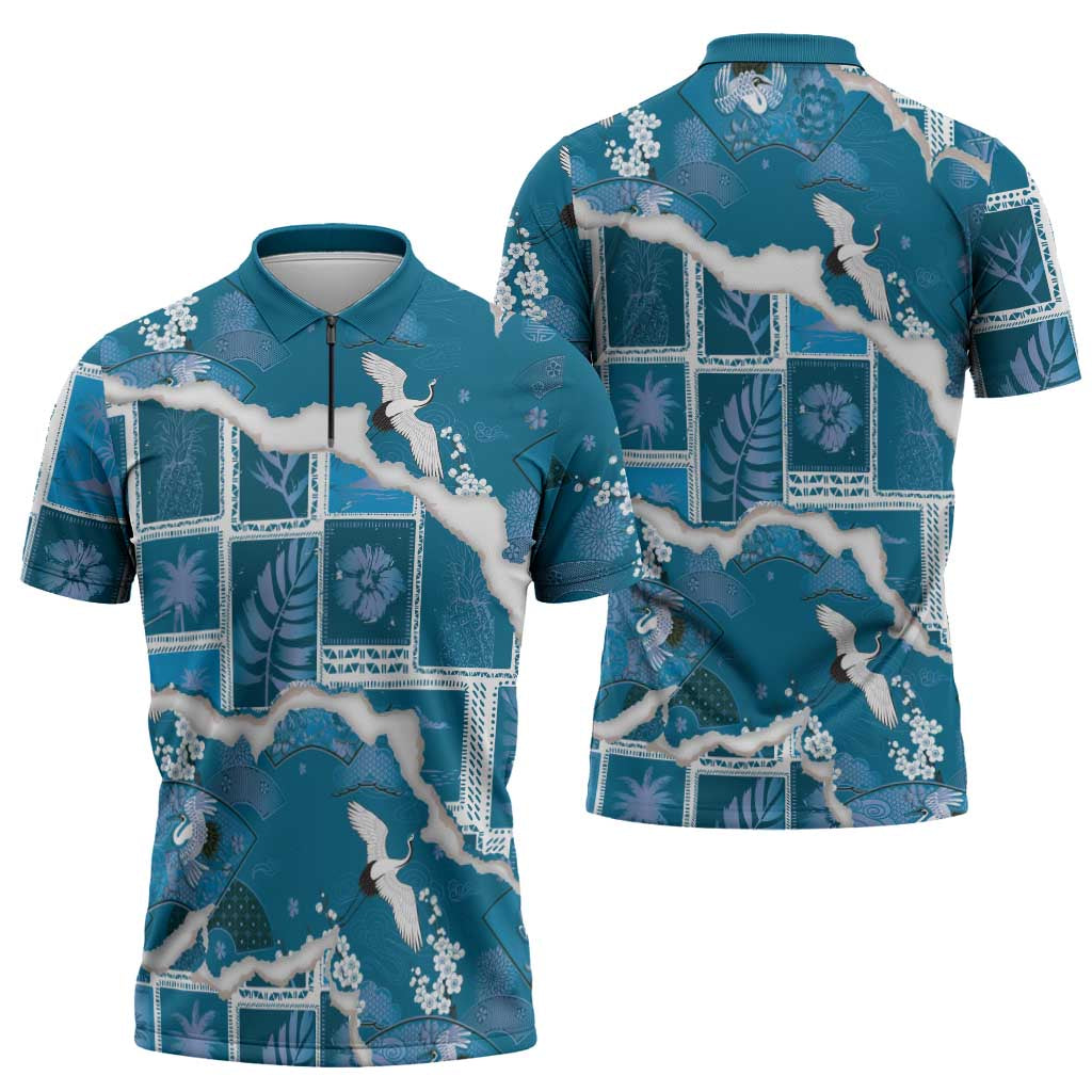 Hawaii Japanese Culture Blue Zipper Polo Shirt Spring Cranes Aloha Pattern