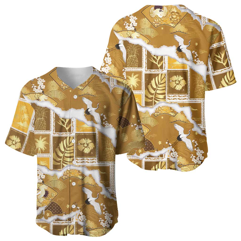 Hawaii Japanese Culture Gold Baseball Jersey Spring Cranes Aloha Pattern