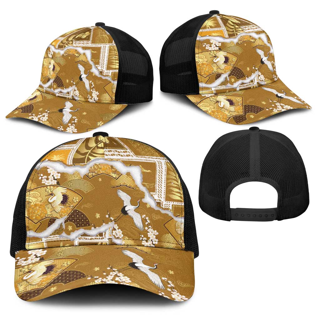 Hawaii Japanese Culture Gold Baseball Net Cap Spring Cranes Aloha Pattern