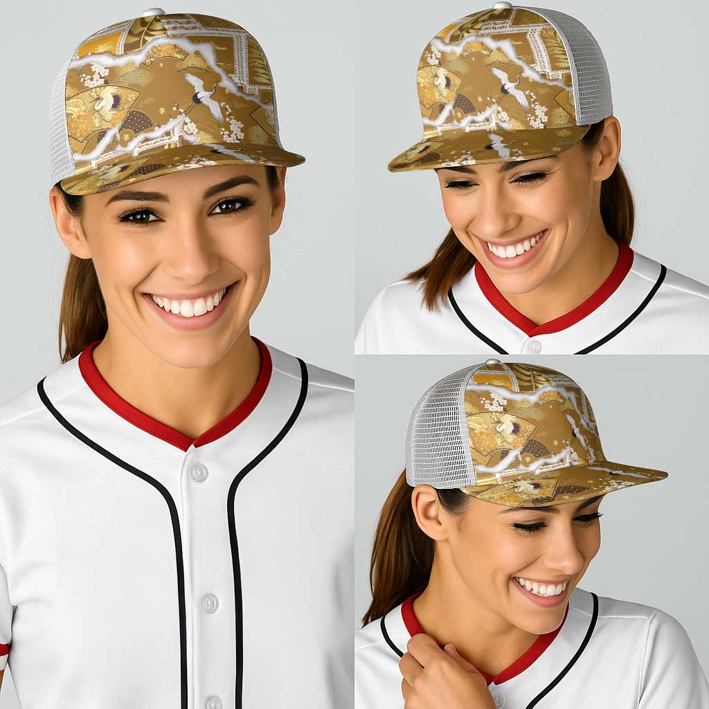 Hawaii Japanese Culture Gold Baseball Net Cap Spring Cranes Aloha Pattern