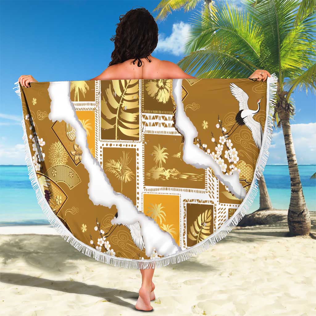 Hawaii Japanese Culture Gold Beach Blanket Spring Cranes Aloha Pattern