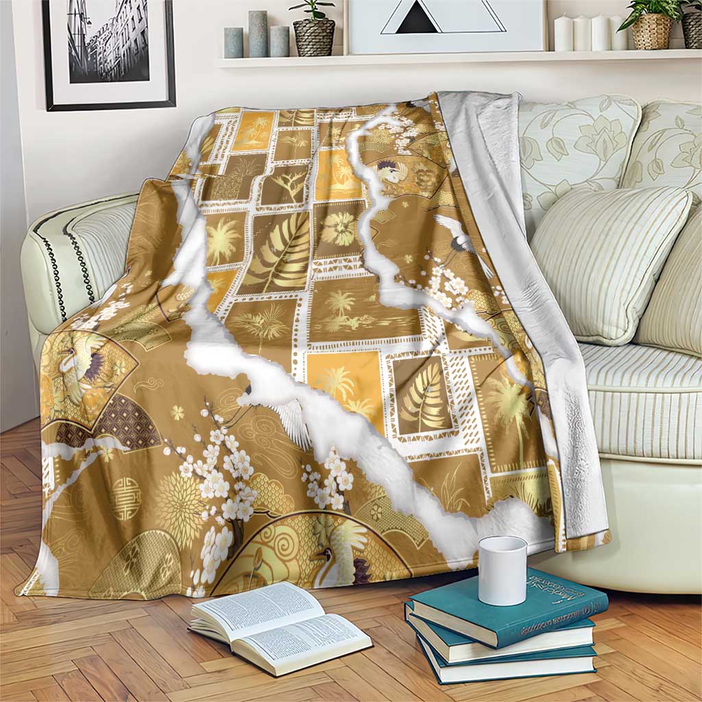 Hawaii Japanese Culture Gold Blanket Spring Cranes Aloha Pattern