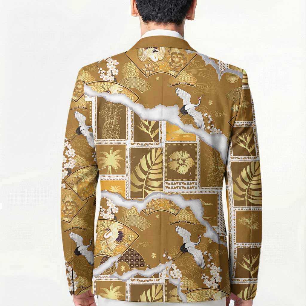 Hawaii Japanese Culture Gold Blazer Spring Cranes Aloha Pattern
