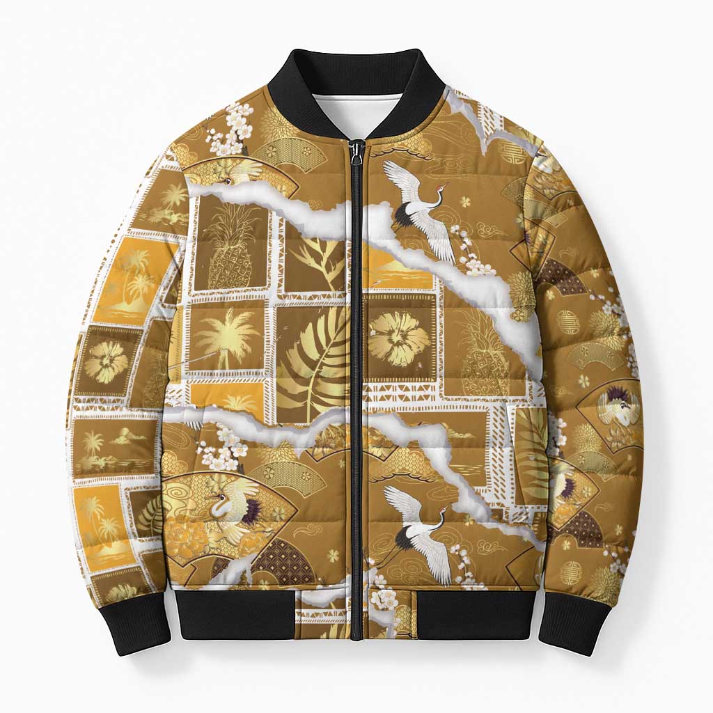 Hawaii Japanese Culture Gold Bomber Puffer Jacket Spring Cranes Aloha Pattern