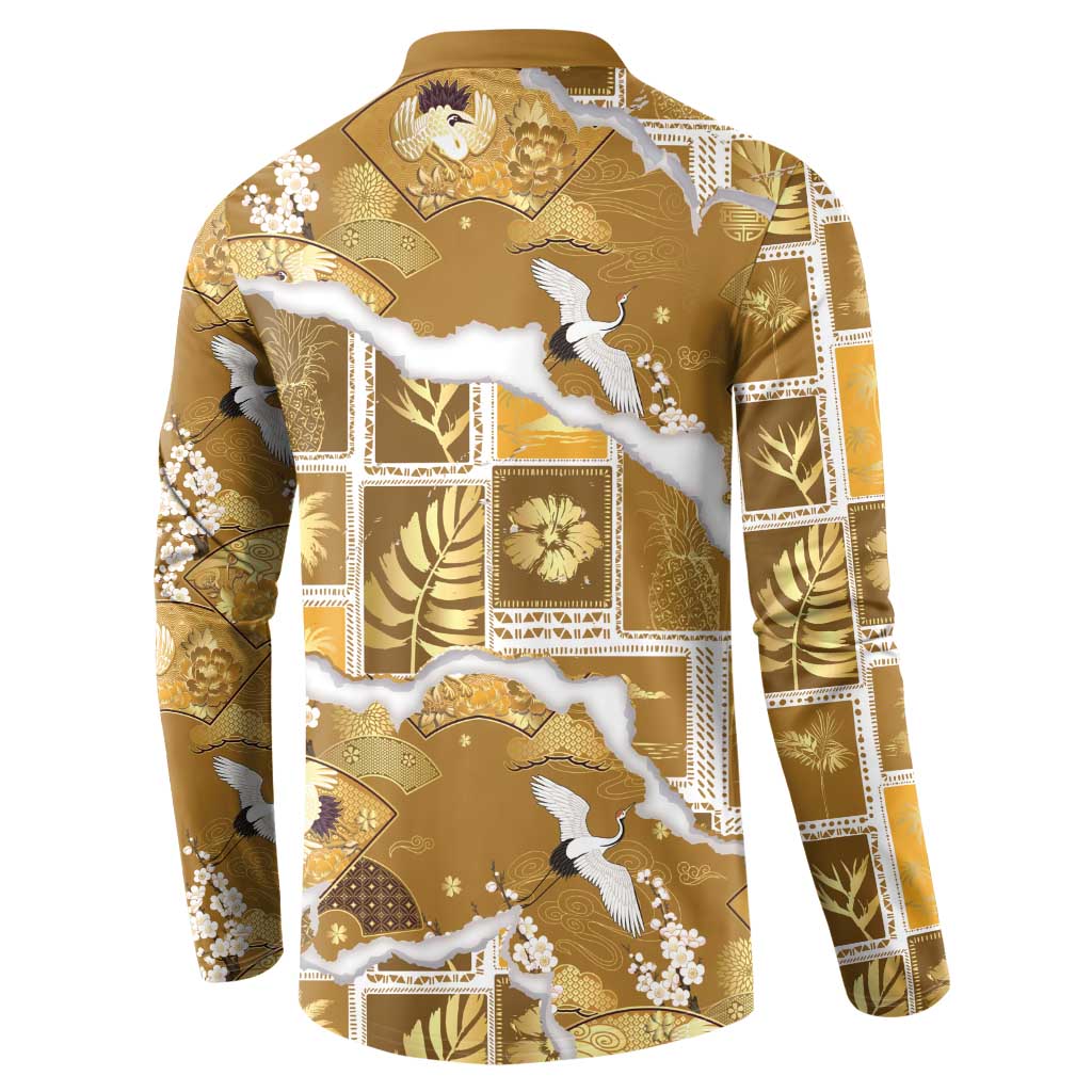 Hawaii Japanese Culture Gold Button Sweatshirt Spring Cranes Aloha Pattern