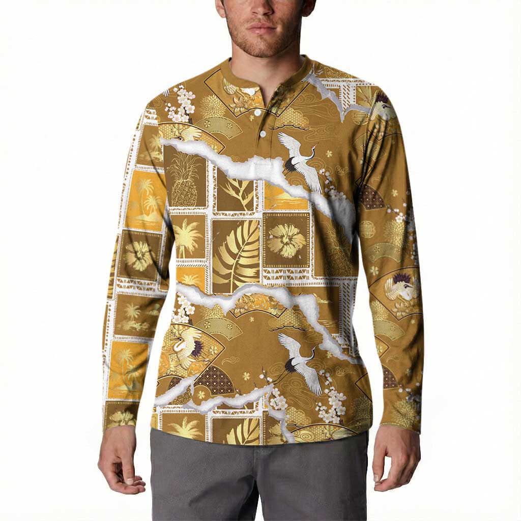 Hawaii Japanese Culture Gold Button Sweatshirt Spring Cranes Aloha Pattern