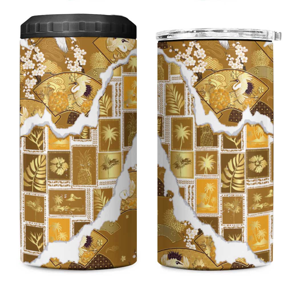 Hawaii Japanese Culture Gold 4 in 1 Can Cooler Tumbler Spring Cranes Aloha Pattern