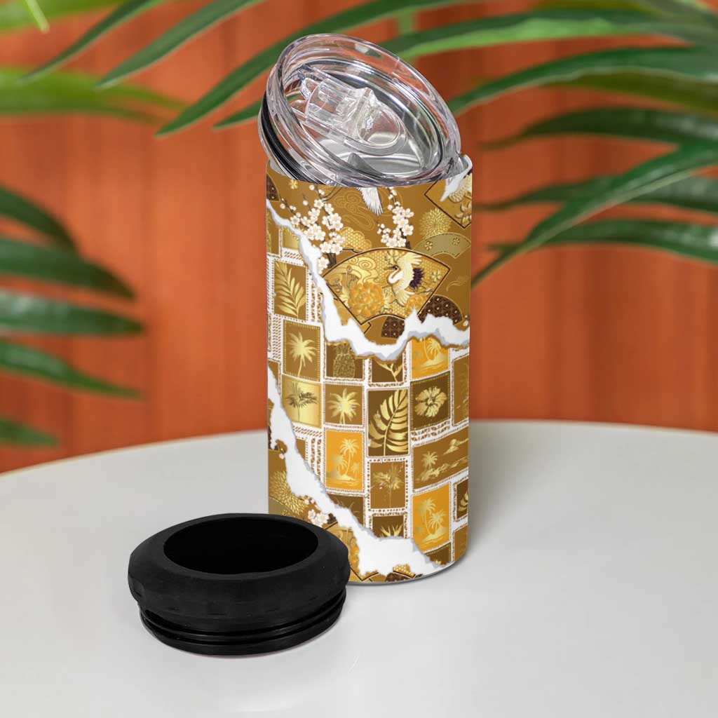 Hawaii Japanese Culture Gold 4 in 1 Can Cooler Tumbler Spring Cranes Aloha Pattern