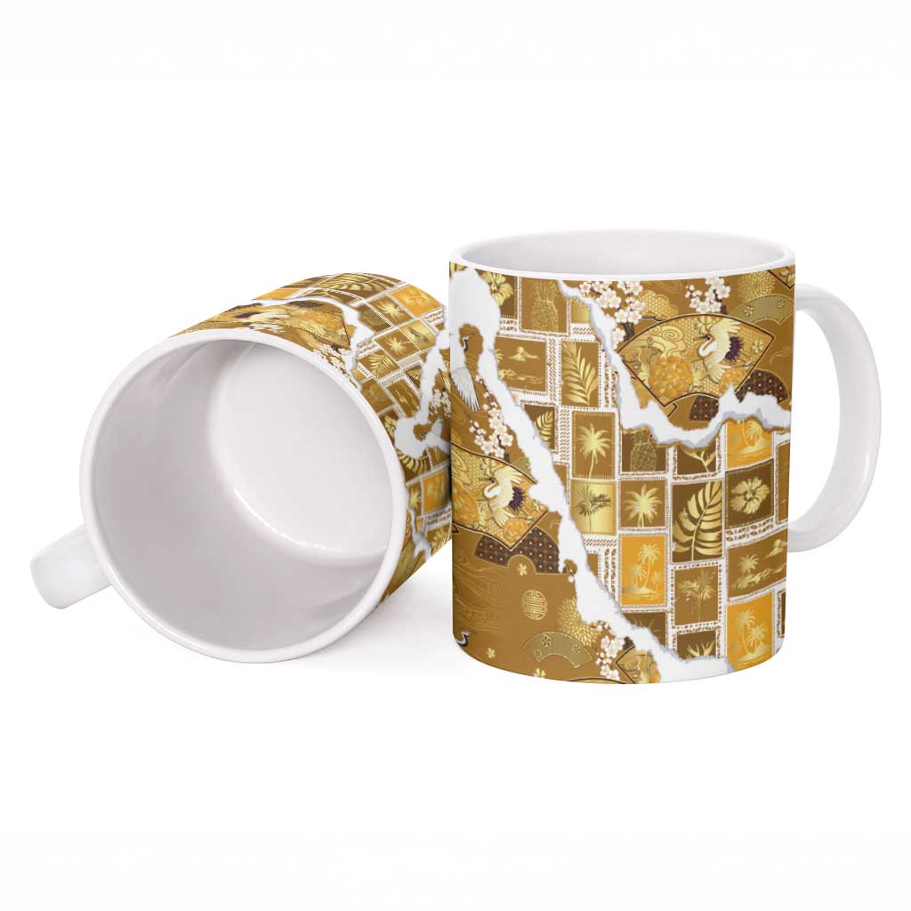 Hawaii Japanese Culture Gold Ceramic Mug Spring Cranes Aloha Pattern