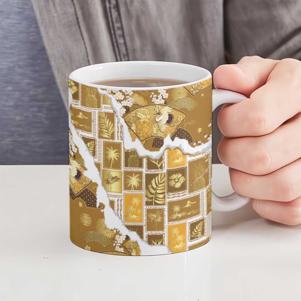 Hawaii Japanese Culture Gold Ceramic Mug Spring Cranes Aloha Pattern
