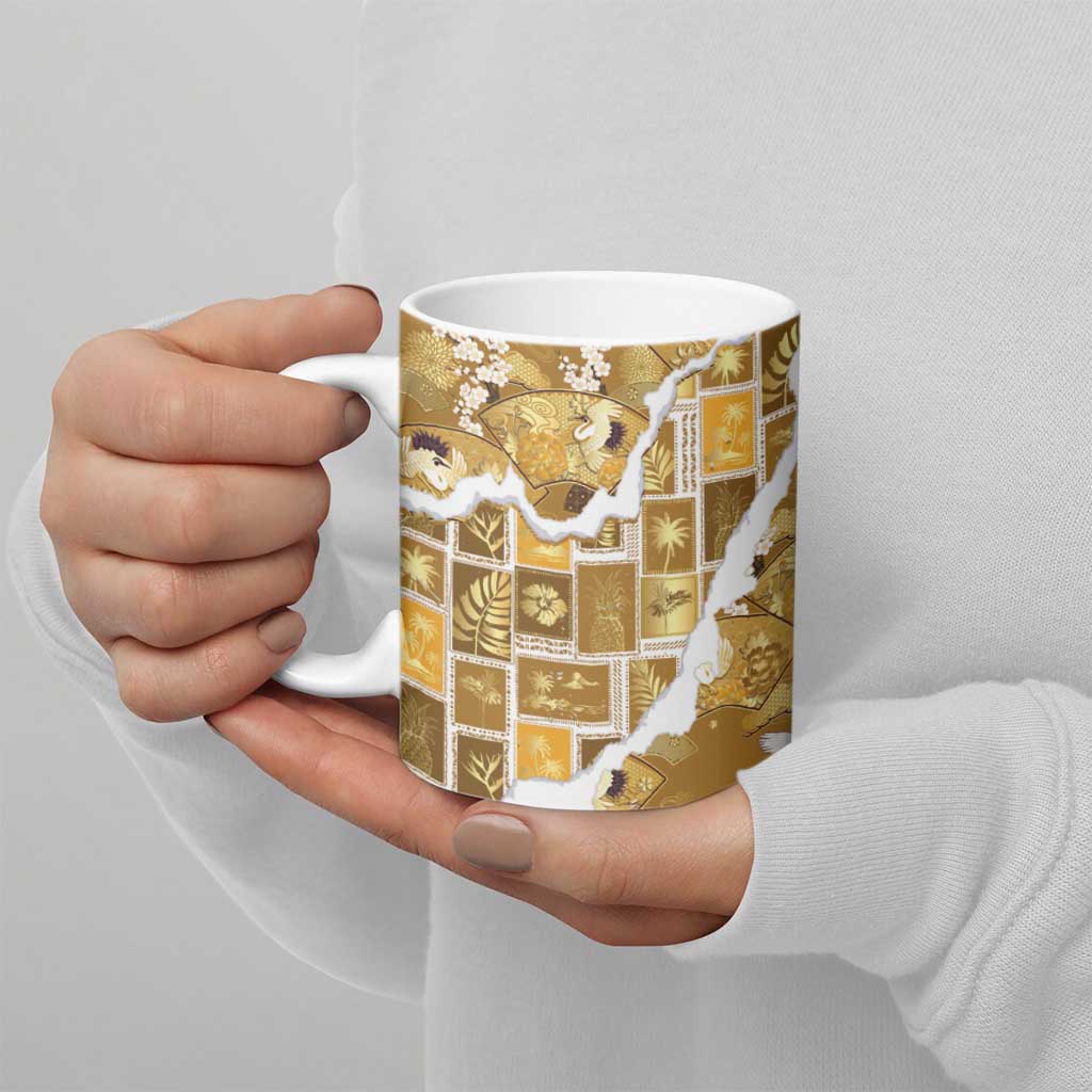 Hawaii Japanese Culture Gold Ceramic Mug Spring Cranes Aloha Pattern