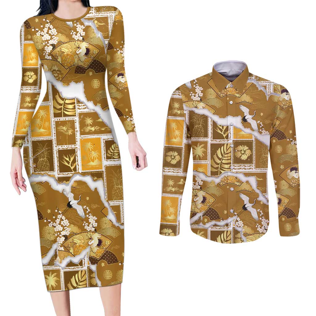 Hawaii Japanese Culture Gold Couples Matching Long Sleeve Bodycon Dress and Long Sleeve Button Shirt Spring Cranes Aloha Pattern