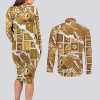 Hawaii Japanese Culture Gold Couples Matching Long Sleeve Bodycon Dress and Long Sleeve Button Shirt Spring Cranes Aloha Pattern