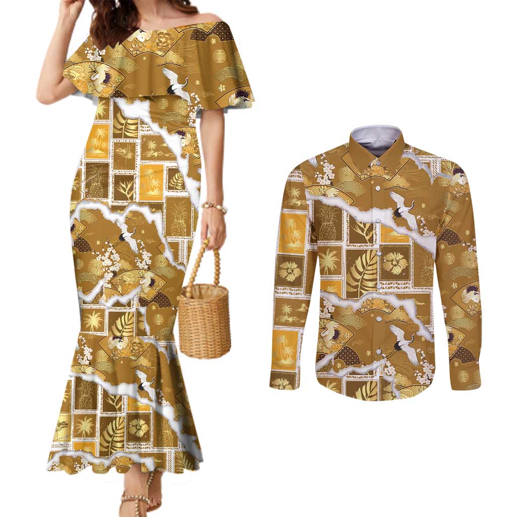 Hawaii Japanese Culture Gold Couples Matching Mermaid Dress and Long Sleeve Button Shirt Spring Cranes Aloha Pattern