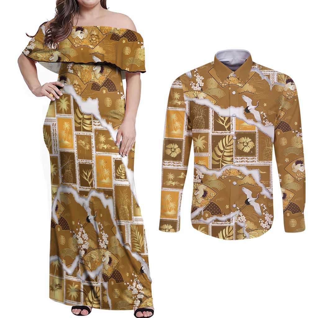 Hawaii Japanese Culture Gold Couples Matching Off Shoulder Maxi Dress and Long Sleeve Button Shirt Spring Cranes Aloha Pattern