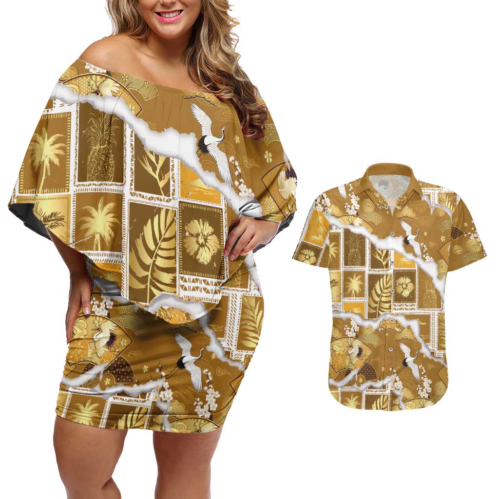 Hawaii Japanese Culture Gold Couples Matching Off Shoulder Short Dress and Hawaiian Shirt Spring Cranes Aloha Pattern