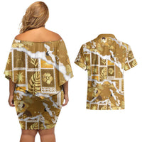 Hawaii Japanese Culture Gold Couples Matching Off Shoulder Short Dress and Hawaiian Shirt Spring Cranes Aloha Pattern