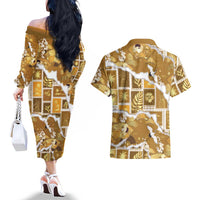 Hawaii Japanese Culture Gold Couples Matching Off The Shoulder Long Sleeve Dress and Hawaiian Shirt Spring Cranes Aloha Pattern