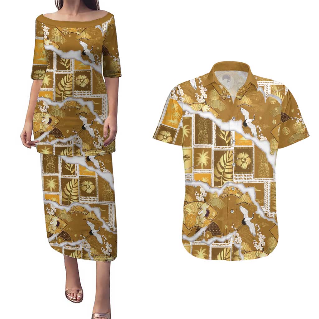 Hawaii Japanese Culture Gold Couples Matching Puletasi and Hawaiian Shirt Spring Cranes Aloha Pattern