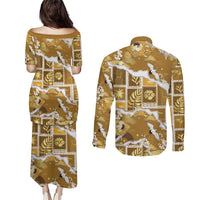 Hawaii Japanese Culture Gold Couples Matching Puletasi and Long Sleeve Button Shirt Spring Cranes Aloha Pattern