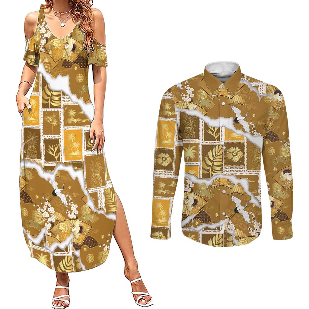 Hawaii Japanese Culture Gold Couples Matching Summer Maxi Dress and Long Sleeve Button Shirt Spring Cranes Aloha Pattern LT01 Gold - Polynesian Pride