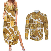 Hawaii Japanese Culture Gold Couples Matching Summer Maxi Dress and Long Sleeve Button Shirt Spring Cranes Aloha Pattern LT01 Gold - Polynesian Pride