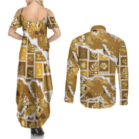 Hawaii Japanese Culture Gold Couples Matching Summer Maxi Dress and Long Sleeve Button Shirt Spring Cranes Aloha Pattern LT01 - Polynesian Pride