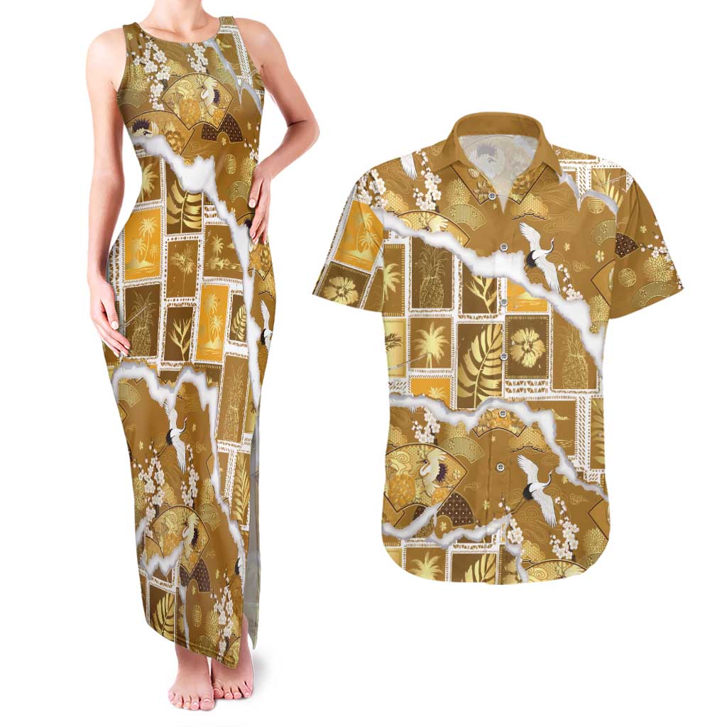 Hawaii Japanese Culture Gold Couples Matching Tank Maxi Dress and Hawaiian Shirt Spring Cranes Aloha Pattern