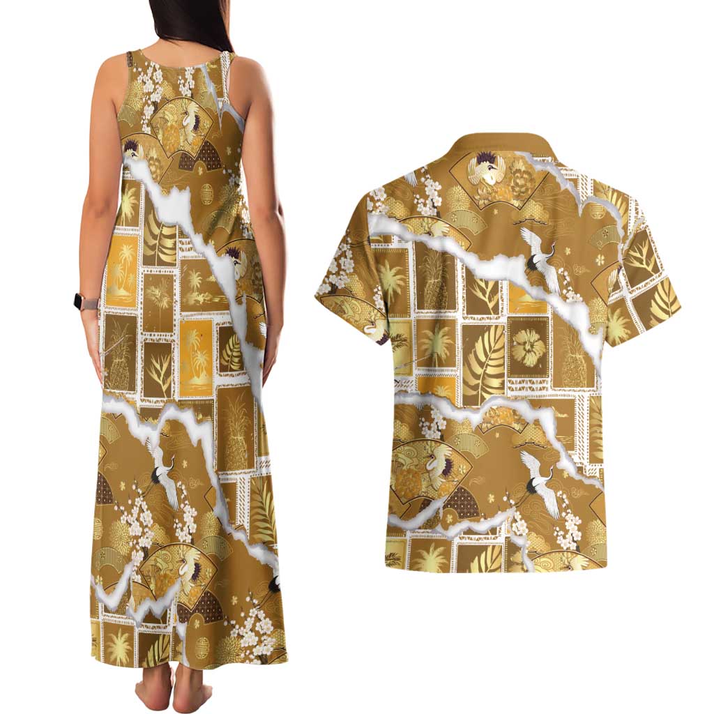 Hawaii Japanese Culture Gold Couples Matching Tank Maxi Dress and Hawaiian Shirt Spring Cranes Aloha Pattern