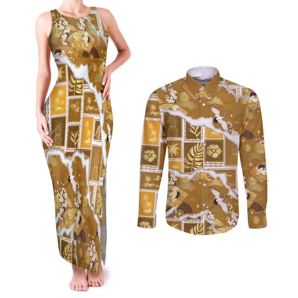 Hawaii Japanese Culture Gold Couples Matching Tank Maxi Dress and Long Sleeve Button Shirt Spring Cranes Aloha Pattern