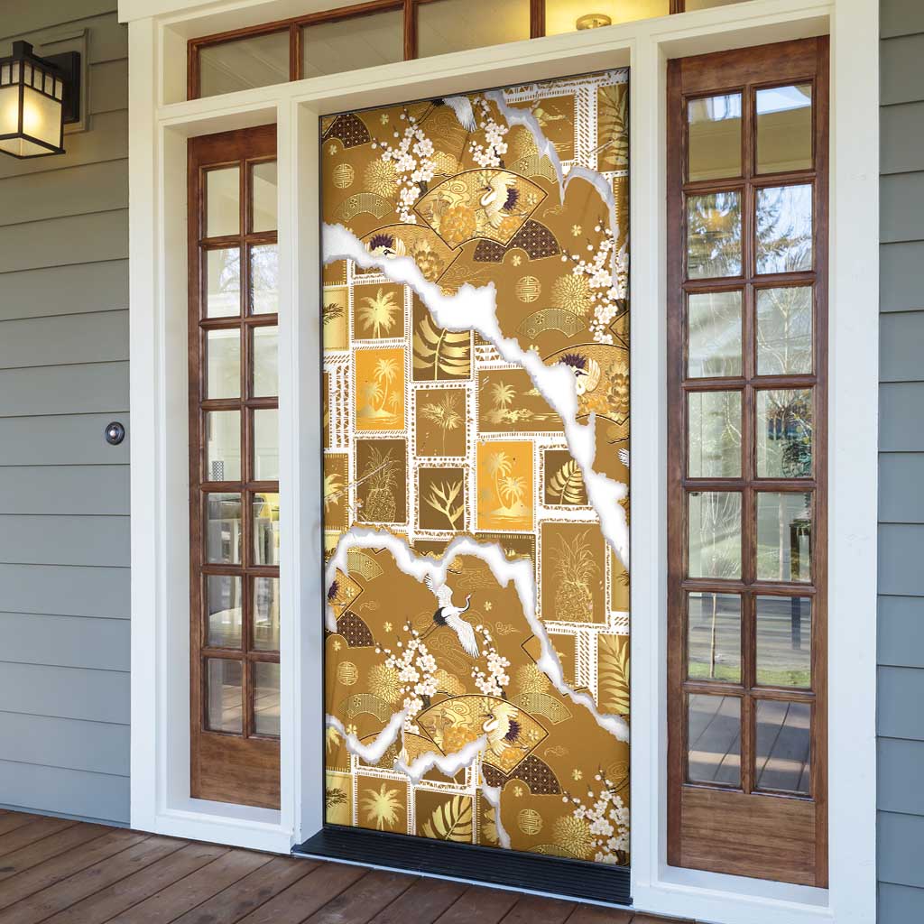 Hawaii Japanese Culture Gold Door Cover Spring Cranes Aloha Pattern