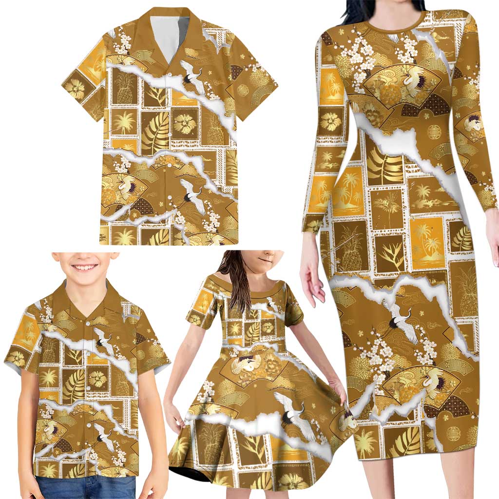 Hawaii Japanese Culture Gold Family Matching Long Sleeve Bodycon Dress and Hawaiian Shirt Spring Cranes Aloha Pattern