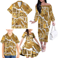 Hawaii Japanese Culture Gold Family Matching Off The Shoulder Long Sleeve Dress and Hawaiian Shirt Spring Cranes Aloha Pattern
