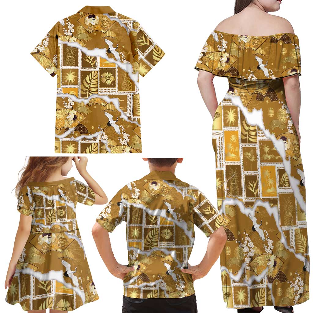 Hawaii Japanese Culture Gold Family Matching Off Shoulder Maxi Dress and Hawaiian Shirt Spring Cranes Aloha Pattern