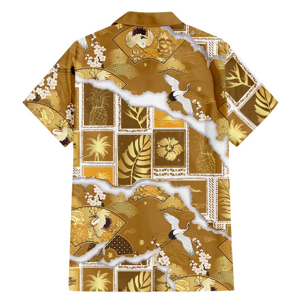 Hawaii Japanese Culture Gold Family Matching Off Shoulder Maxi Dress and Hawaiian Shirt Spring Cranes Aloha Pattern