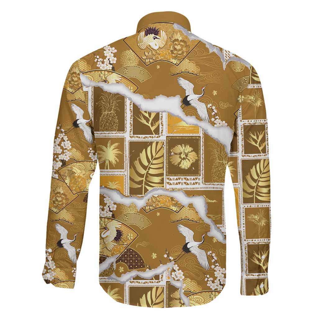 Hawaii Japanese Culture Gold Family Matching Off Shoulder Maxi Dress and Hawaiian Shirt Spring Cranes Aloha Pattern