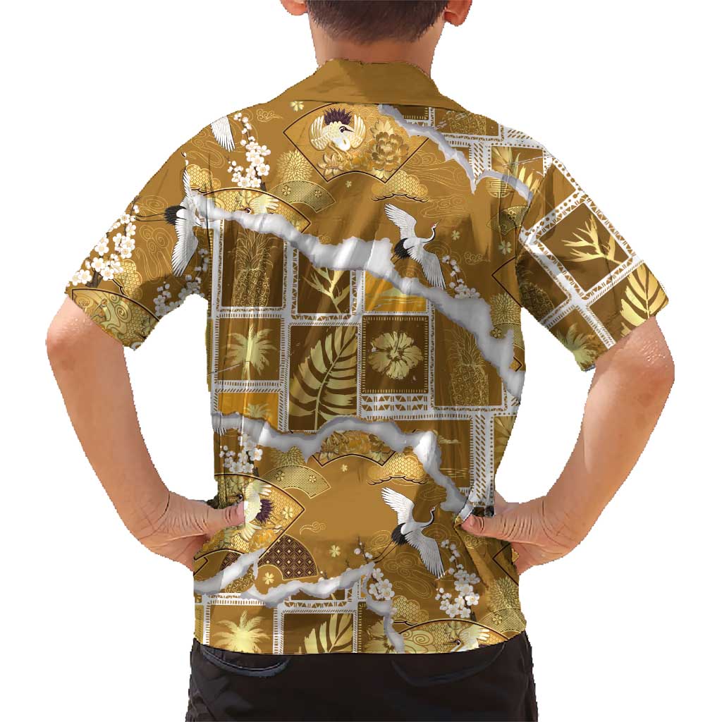 Hawaii Japanese Culture Gold Family Matching Off Shoulder Short Dress and Hawaiian Shirt Spring Cranes Aloha Pattern