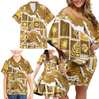 Hawaii Japanese Culture Gold Family Matching Off Shoulder Short Dress and Hawaiian Shirt Spring Cranes Aloha Pattern