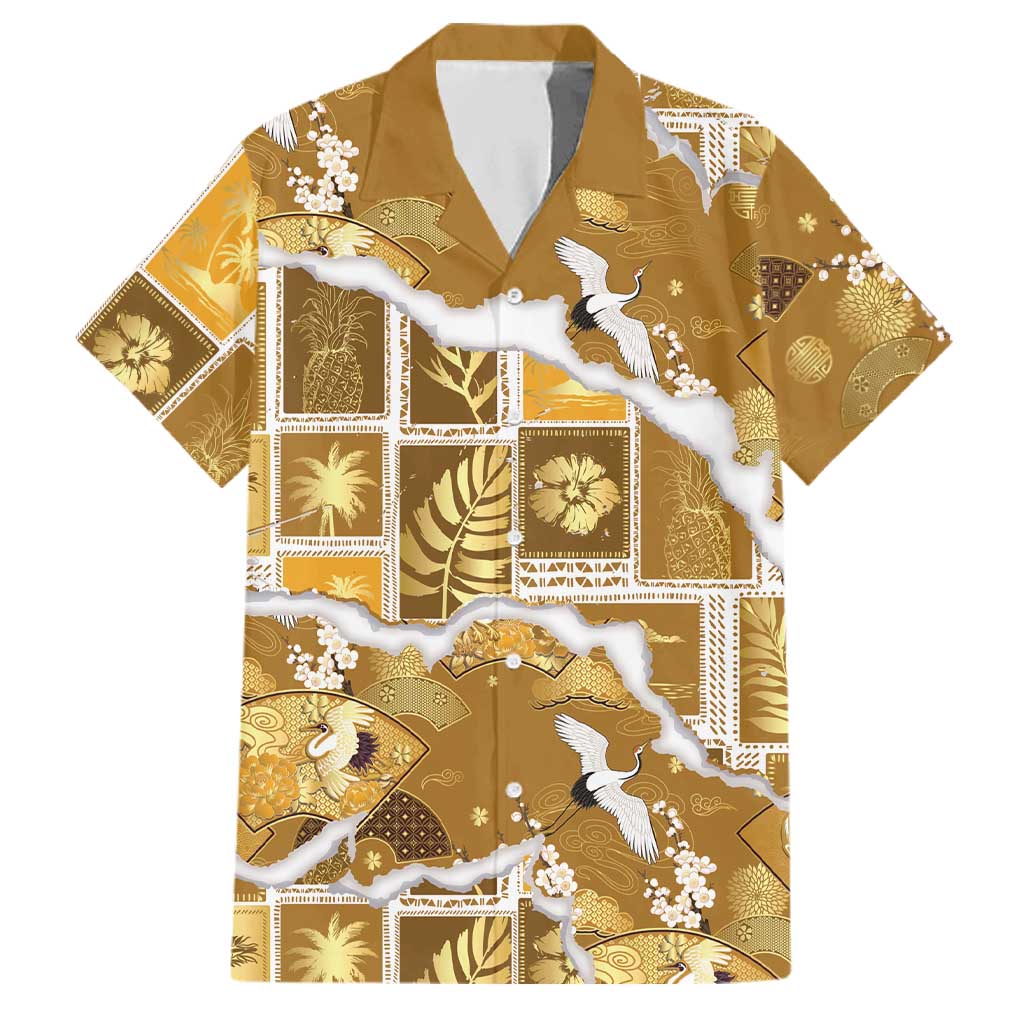 Hawaii Japanese Culture Gold Family Matching Off Shoulder Short Dress and Hawaiian Shirt Spring Cranes Aloha Pattern