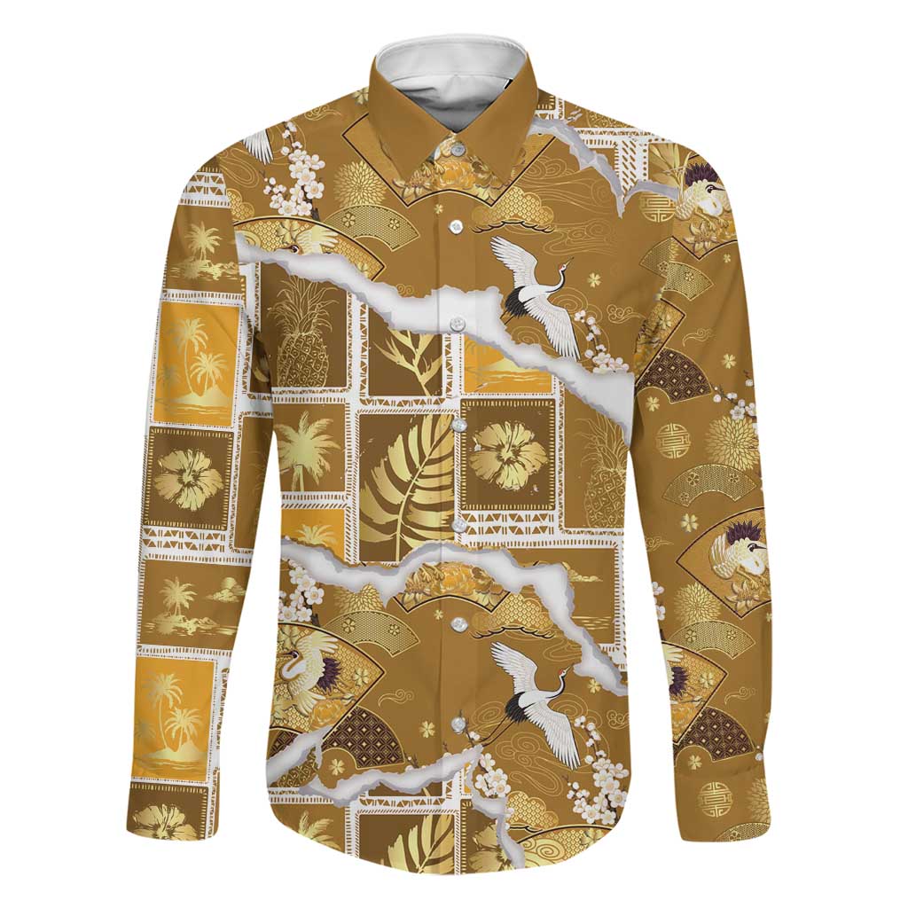 Hawaii Japanese Culture Gold Family Matching Off Shoulder Short Dress and Hawaiian Shirt Spring Cranes Aloha Pattern
