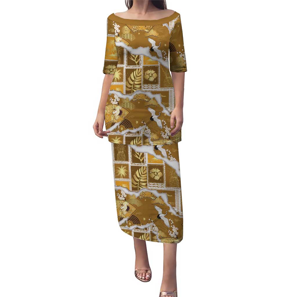 Hawaii Japanese Culture Gold Family Matching Puletasi and Hawaiian Shirt Spring Cranes Aloha Pattern